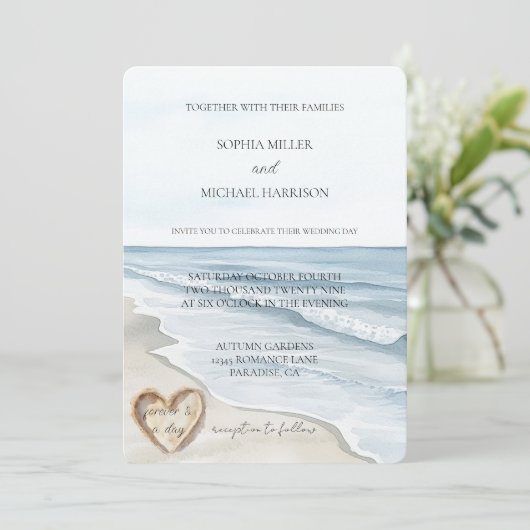 Beach Ocean Heart Sand Wedding Kaart (Staand voorkant)
