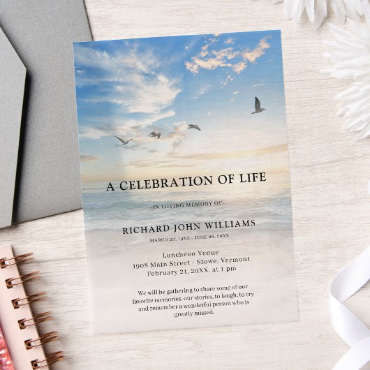 Beach Ocean Natuur Celebration of Life Funeral Vellum Uitnodigingen