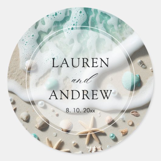 Beach Ocean Seaside Gepersonaliseerde bruiloft Ronde Sticker (Voorkant)