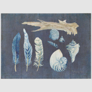 Beach Ocean Shells Feathers Navy Blue Decoupage Tissuepapier