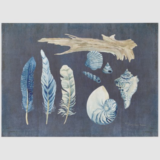 Beach Ocean Shells Feathers Navy Blue Decoupage Tissuepapier (Voorkant)