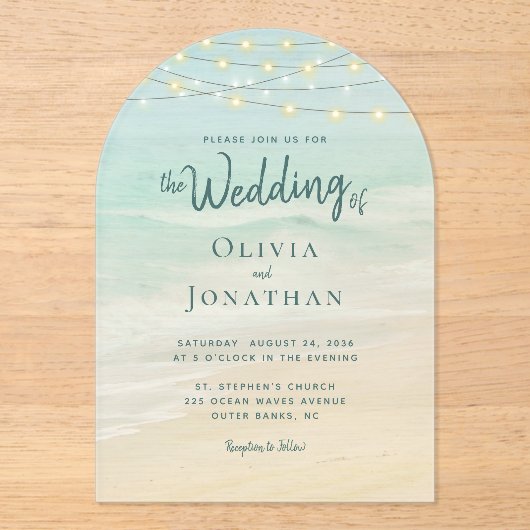 Beach Ocean String Lights Wedding Acryl Uitnodigingen (Voorkant)