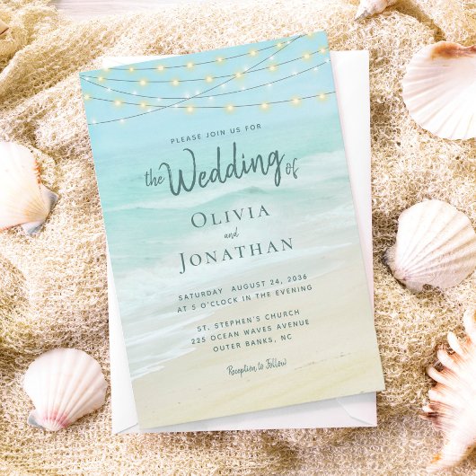 Beach Ocean String Lights Wedding Kaart