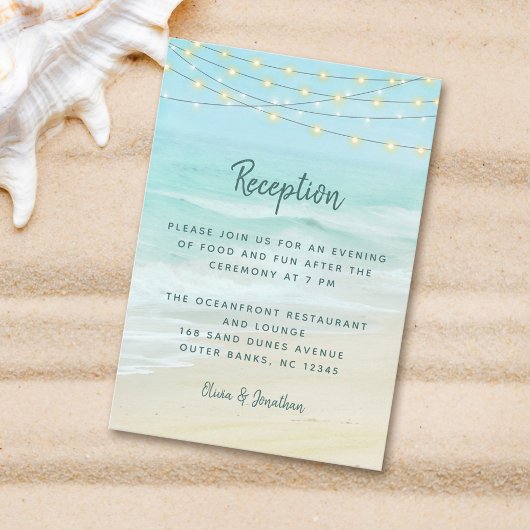 Beach Ocean String Lights Wedding Reception Informatiekaartje