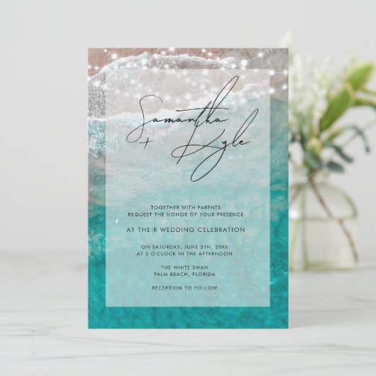Beach Ocean String Lights Wedding Uitnodiging (Staand voorkant)
