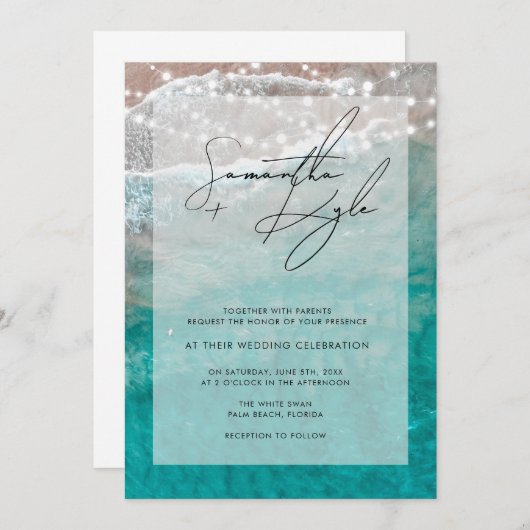 Beach Ocean String Lights Wedding Uitnodiging (Voorkant / Achterkant)