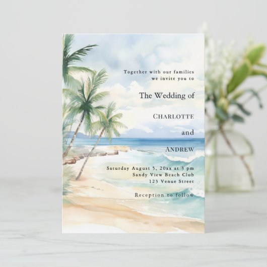 Beach ocean tropical palm destination wedding kaart (Staand voorkant)