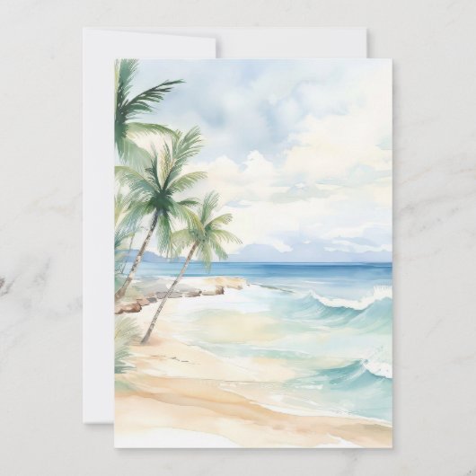 Beach ocean tropical palm destination wedding kaart (Achterkant)