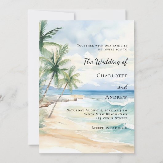 Beach ocean tropical palm destination wedding kaart (Voorkant)