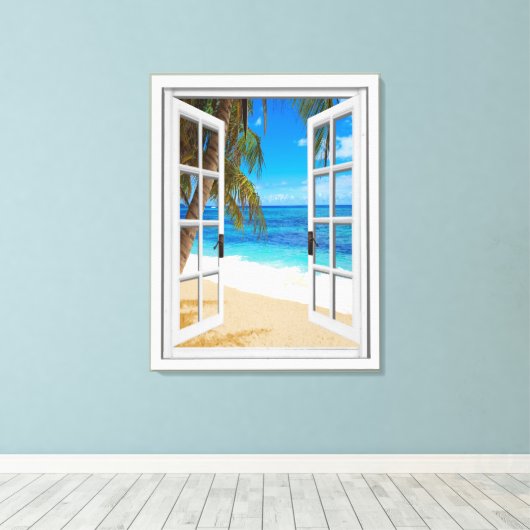 Beach Ocean Uitzicht Fake Window Canvas Afdruk (Insitu (Houten vloer))