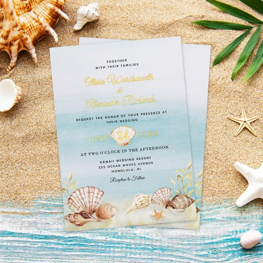 Beach Ocean Wedding Elegant Gold Folie Uitnodiging
