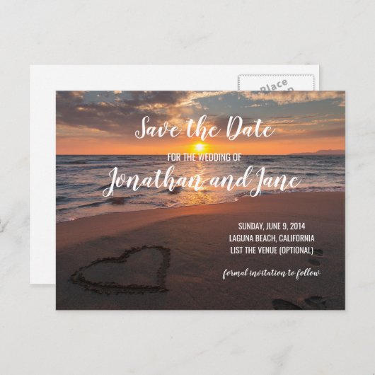 Beach Ocean Wedding Heart Save the Date Aankondigingskaart (Voorkant / Achterkant)
