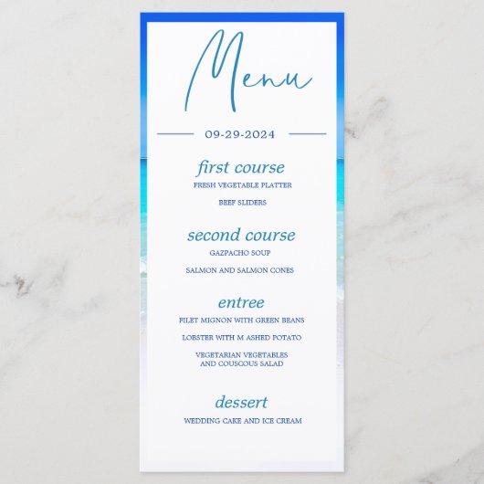Beach Ocean Zee Blue Summer Monogram Menu (Voorkant)