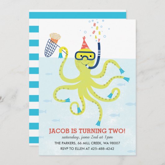 Beach Octopus Kind verjaardagsfeest Uitnodiging (Voorkant / Achterkant)