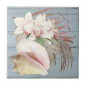 Beach Orchid Floral Conch Seashell Dusty Blue Wood Tegeltje (Voorkant)
