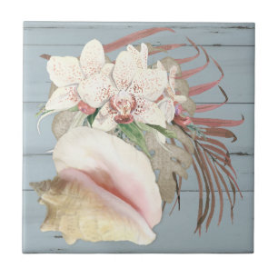 Beach Orchid Floral Conch Seashell Dusty Blue Wood Tegeltje