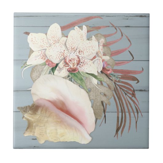 Beach Orchid Floral Conch Seashell Dusty Blue Wood Tegeltje (Voorkant)