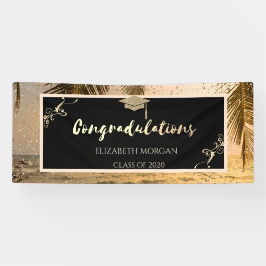 Beach Palm Glitter Afstudeerhoed, Confetti Spandoek (Horizontaal)
