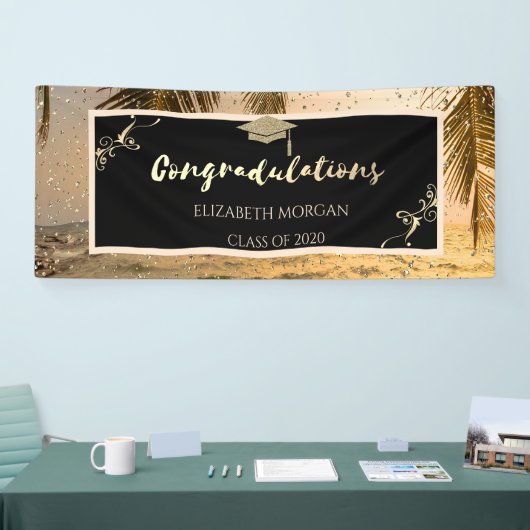 Beach Palm Glitter Afstuderen Pet, Confetti Spandoek (Beurs)