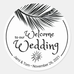 Beach Palm Leaf Black and White Weduwen Welcome Ronde Sticker