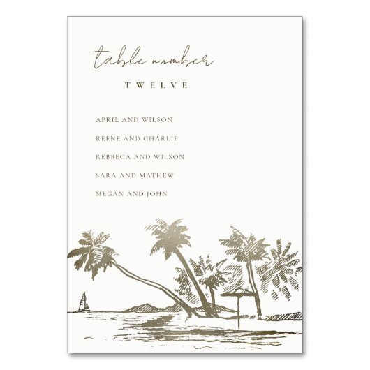 Beach Palm Sketch Bleek Gold Wedding Seating Chart Kaart (Achterkant)