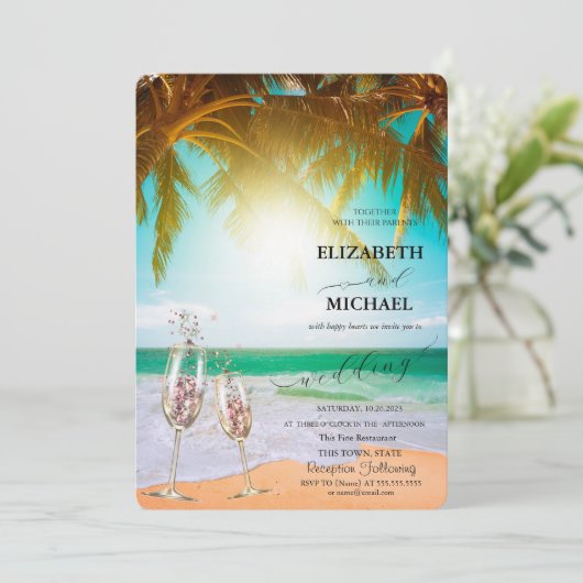 Beach, Palm, Sun, lampjes, Glass Script Weddenscha Kaart (Staand voorkant)