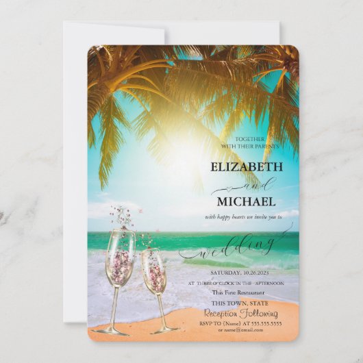Beach, Palm, Sun, lampjes, Glass Script Weddenscha Kaart (Voorkant)