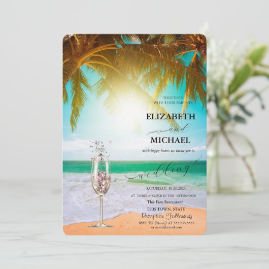 Beach, Palm, Sun, String lampjes, Glass Script Wed Kaart (Staand voorkant)