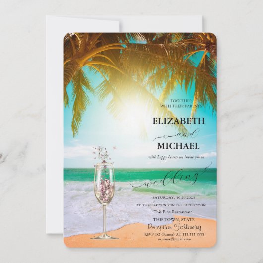 Beach, Palm, Sun, String lampjes, Glass Script Wed Kaart (Voorkant)