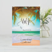 Beach, Palm, Sun, String Lights Script RSVP Kaart (Staand voorkant)