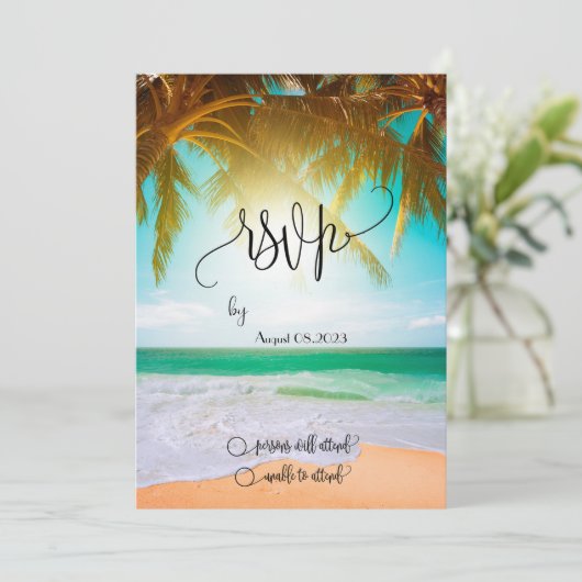 Beach, Palm, Sun, String Lights Script RSVP Kaart (Staand voorkant)