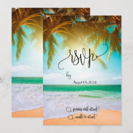 Beach, Palm, Sun, String Lights Script RSVP Kaart