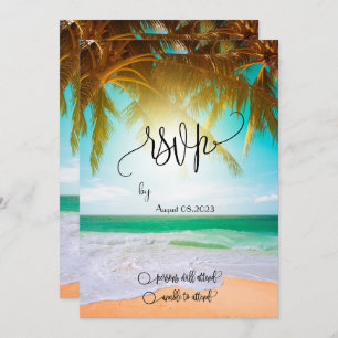 Beach, Palm, Sun, String Lights Script RSVP Kaart