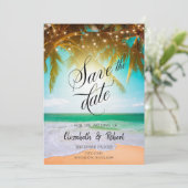 Beach, Palm, Sun, String Lights Script sparen de d Save The Date (Staand voorkant)