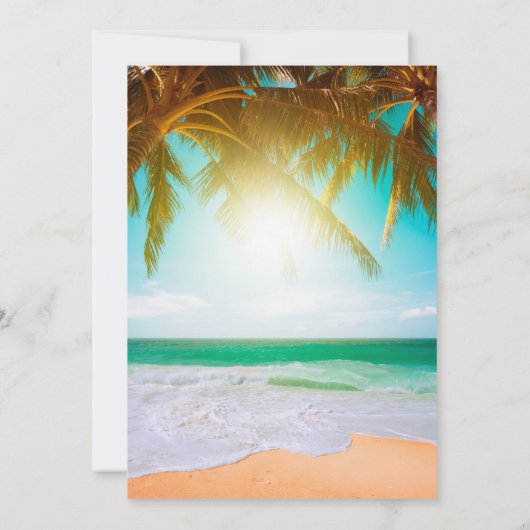 Beach, Palm, Sun, String Lights Script sparen de d Save The Date (Achterkant)