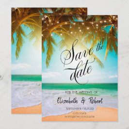 Beach, Palm, Sun, String Lights Script sparen de d Save The Date