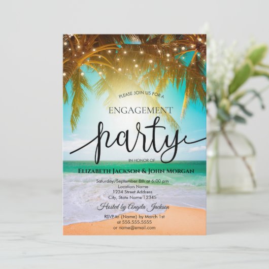 Beach, Palm, Sun, String Lights Verloving Kaart (Staand voorkant)