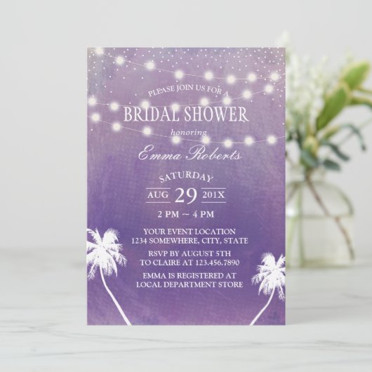 Beach Palm Tree Paars Waterverf Vrijgezellenfeest Kaart (Staand voorkant)