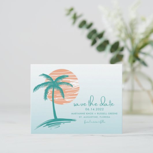 Beach Palm Tree Weddenschap Save the Date Briefkaa Aankondigingskaart (Staand voorkant)