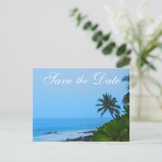 Beach Palm Tree Wedding Save the Date Aankondigingskaart (Staand voorkant)
