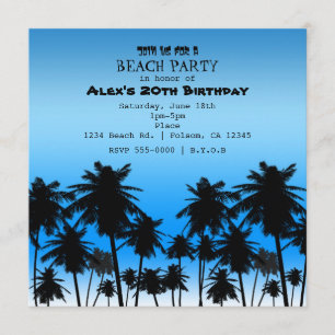 Beach Palm Trees Black & Blue Birthday Party Kaart