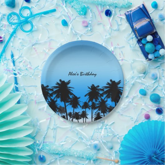 Beach Palm Trees Black & Blue Birthday Party Papieren Bordje (Feest)