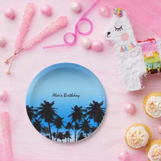 Beach Palm Trees Black & Blue Birthday Party Papieren Bordje (Feest)