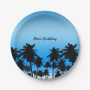 Beach Palm Trees Black & Blue Birthday Party Papieren Bordje
