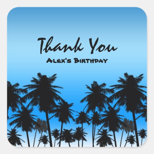 Beach Palm Trees Black & Blue Birthday Party Vierkante Sticker (Voorkant)