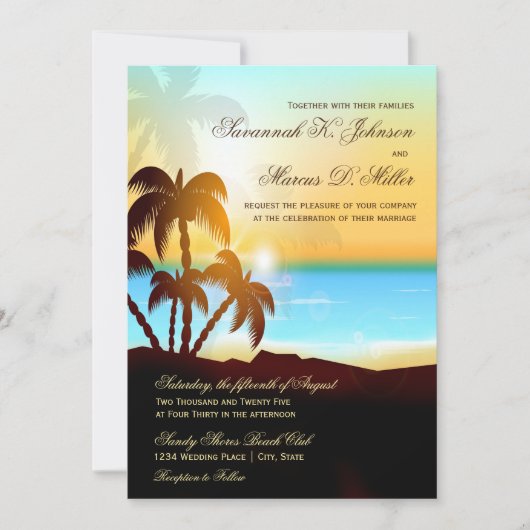 Beach Palm Trees Destination Wedding Invitations Kaart (Voorkant)