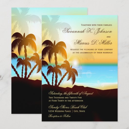Beach Palm Trees Destination Wedding Invitations Kaart (Voorkant / Achterkant)