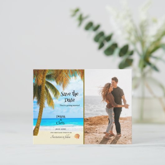 Beach, Palm Trees, Ocean, Save the Date Wedding Briefkaart (Staand voorkant)