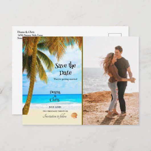 Beach, Palm Trees, Ocean, Save the Date Wedding Briefkaart (Voorkant / Achterkant)