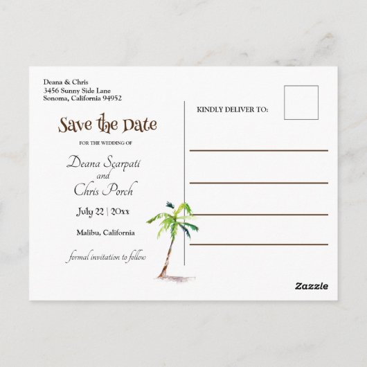Beach, Palm Trees, Ocean, Save the Date Wedding Briefkaart (Achterkant)